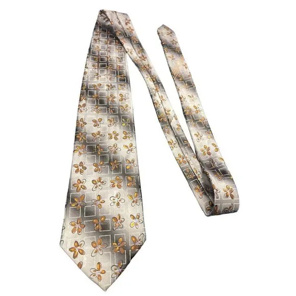 Ermenegildo Zegna Floral Silk‎ Tie Gray Orange Geometric Pattern Elegant Z-116